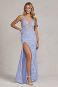 Lavender Lace Corset Gown with High Slit – Elegant Prom & Evening Dress NXG1148
