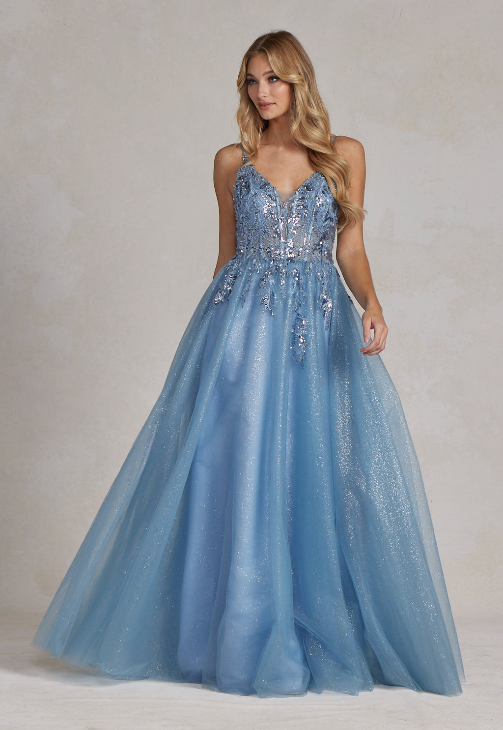 Dusty Blue Glitter Tulle Ball Gown with Floral Appliqué – Elegant A-Line Prom Dress NXE1125