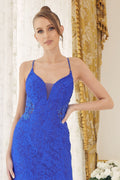 Royal Blue Sequin Lace Fitted Gown with Illusion Mesh Bodice – Elegant Formal Dress NXE1076