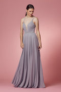 Lavender Grey Plunging V-Neck A-Line Chiffon Gown NXR416P