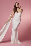 White Strapless Cape Evening Gown – Modern Fitted Formal Dress NXE475W
