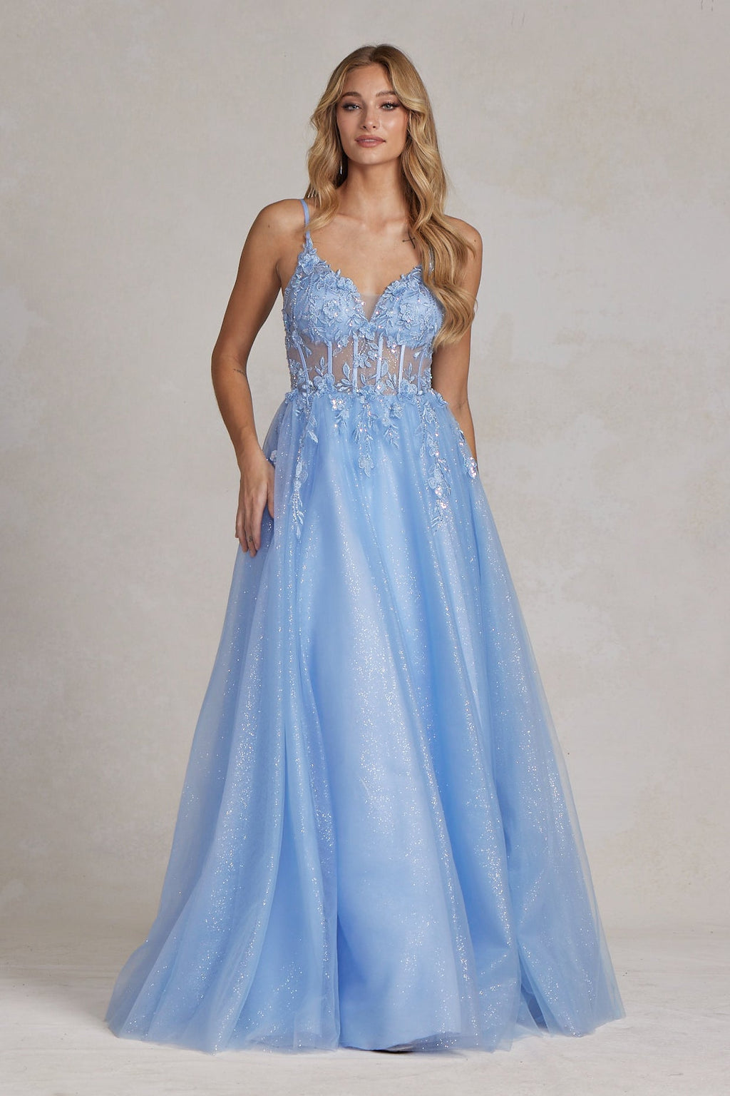 Light Blue Glitter Tulle A-Line Gown with Floral Lace Appliqué – Sheer Corset Prom Dress NXT1083