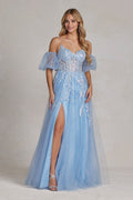 Ice Blue Glitter Tulle Gown with Puff Sleeves & High Slit – Off-Shoulder Prom & Formal Dress NXE1173
