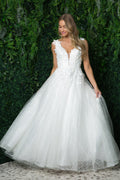 Deep V-Neck Open V-Back Long Wedding Dress NXJR930