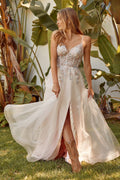 Blush Pink A-Line Gown with Floral Embroidered Bodice and High Slit NXS1015