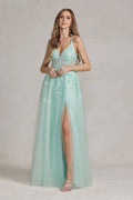 Mint Green Glitter Tulle A-Line Gown with Lace Bodice & Slit – Sparkling Prom or Formal Dress NXT1081