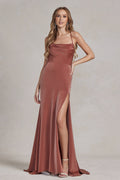 Side Slit Cowl Neck Satin Open Criss Cross Back Long Evening Dress NXE1068