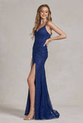 Elegant Sparkle Fit & Flare Gown with Slit – Black or Royal Blue NXB1145