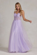 Lavender Glitter Tulle A-Line Gown with Sheer Corset Bodice & Floral Appliqué – Prom or Formal DressNXF1087