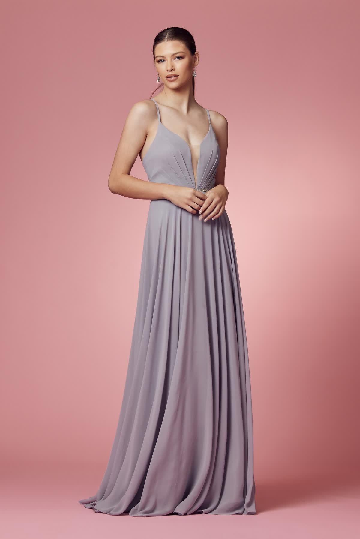 Dusty Rose A-Line Chiffon Formal Dress with Plunging Neckline  NXR416
