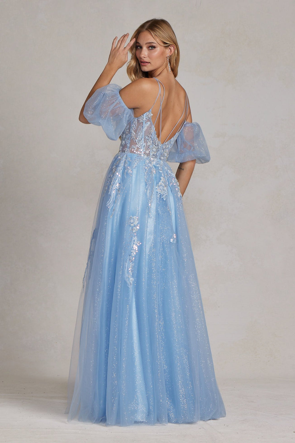 Ice Blue Glitter Tulle Gown with Puff Sleeves & High Slit – Off-Shoulder Prom & Formal Dress NXE1173