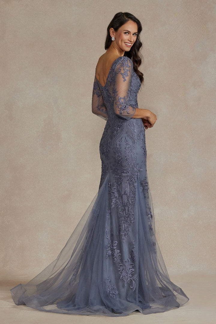 Embroidered Slate Blue Mother of the Bride Gown with Illusion Sleeves NXJQ504