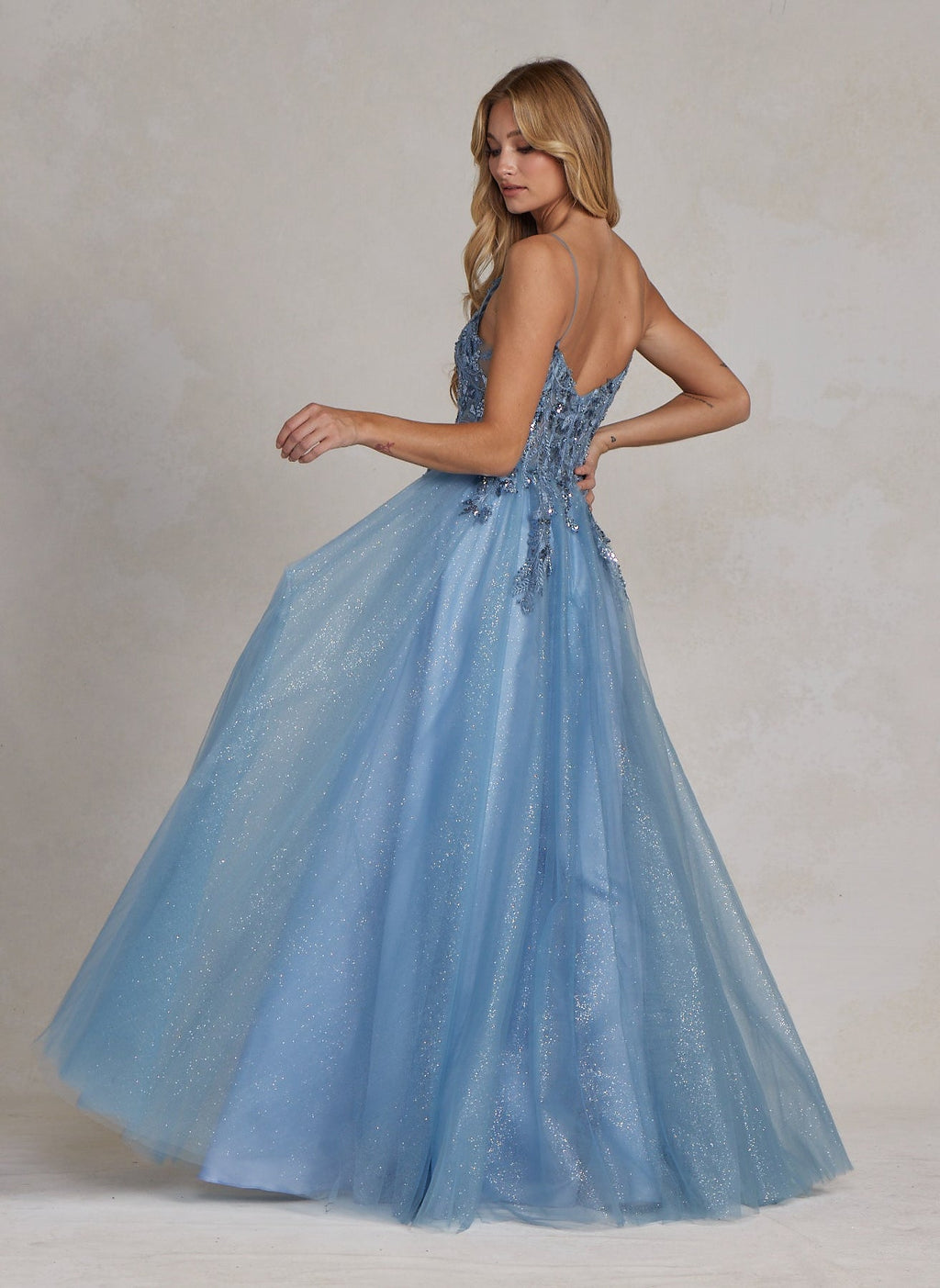 Dusty Blue Glitter Tulle Ball Gown with Floral Appliqué – Elegant A-Line Prom Dress NXE1125