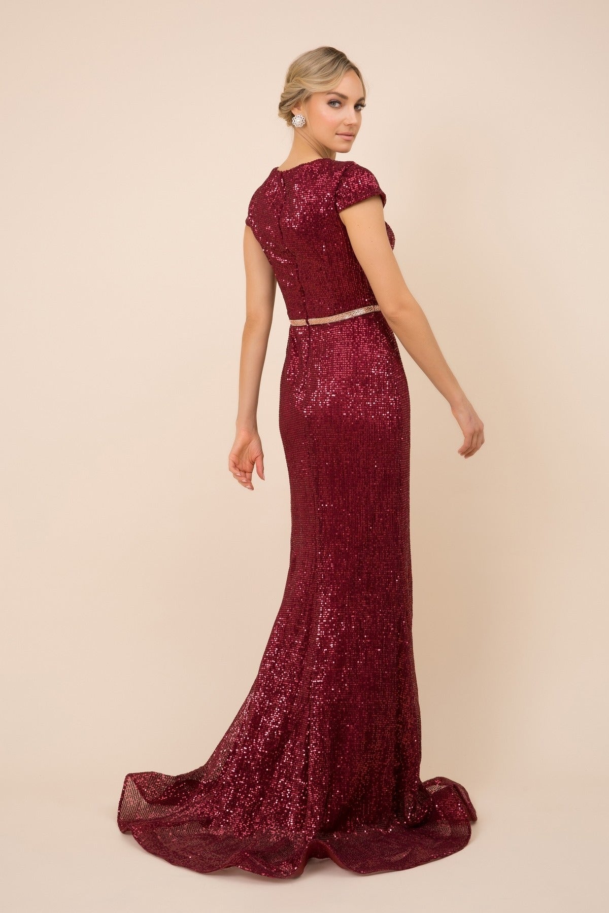 Short Sleeves Mermaid Embellished Sequin Close Back Long Evening Dress