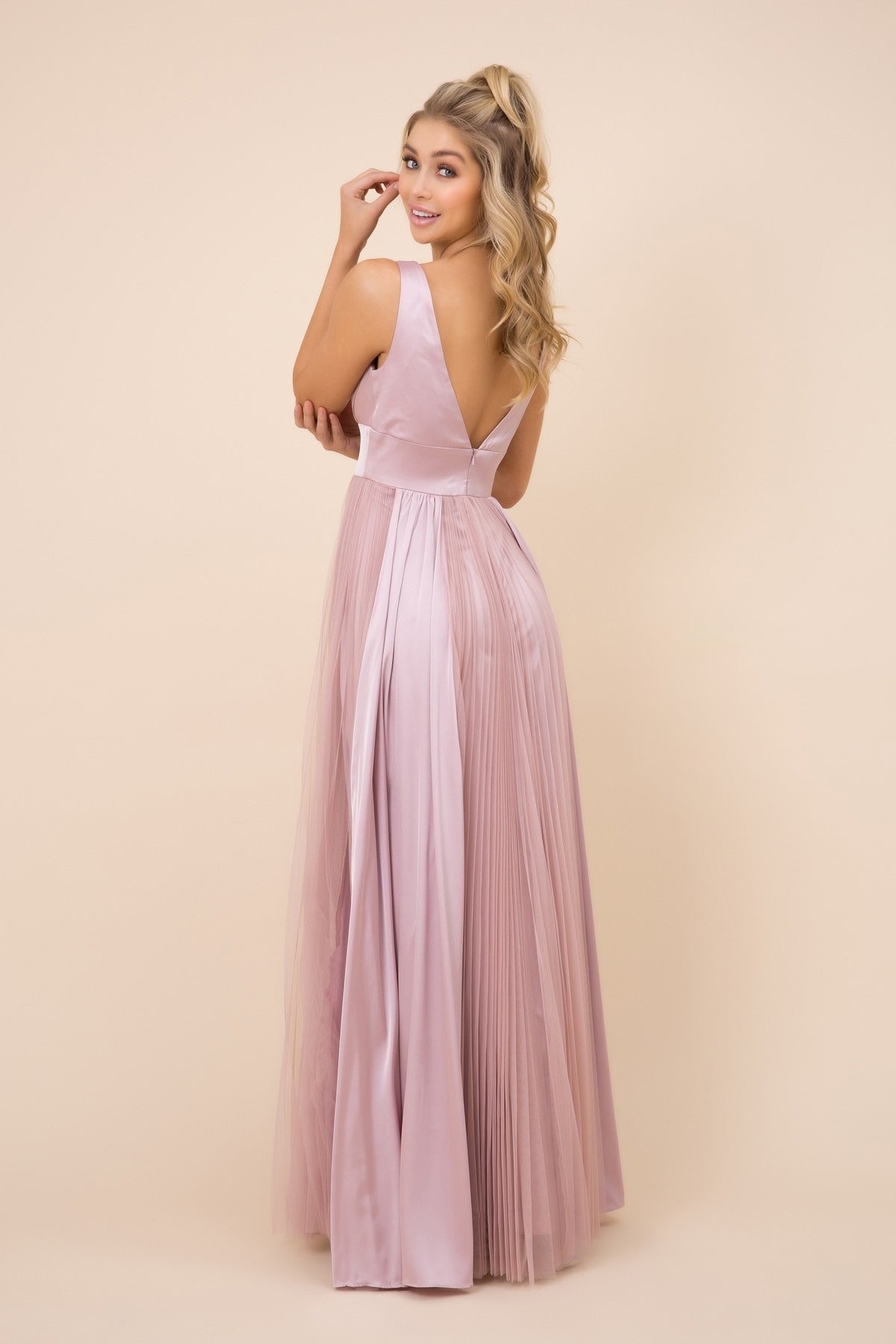 Sleeveless Pleated Open V-Back Long Bridesmaid Dress NXL340