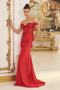 Elegant Off-Shoulder Lace Evening Gown – Available in Red & Black NXE1184