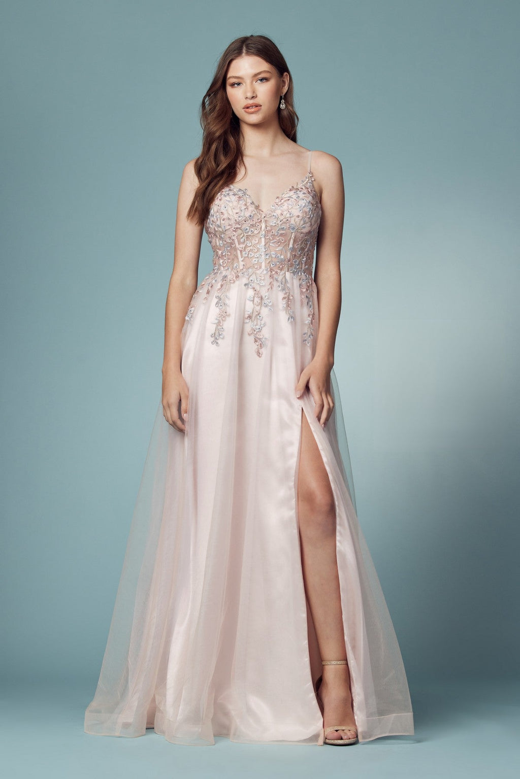 Blush Pink A-Line Gown with Floral Embroidered Bodice and High Slit NXS1015