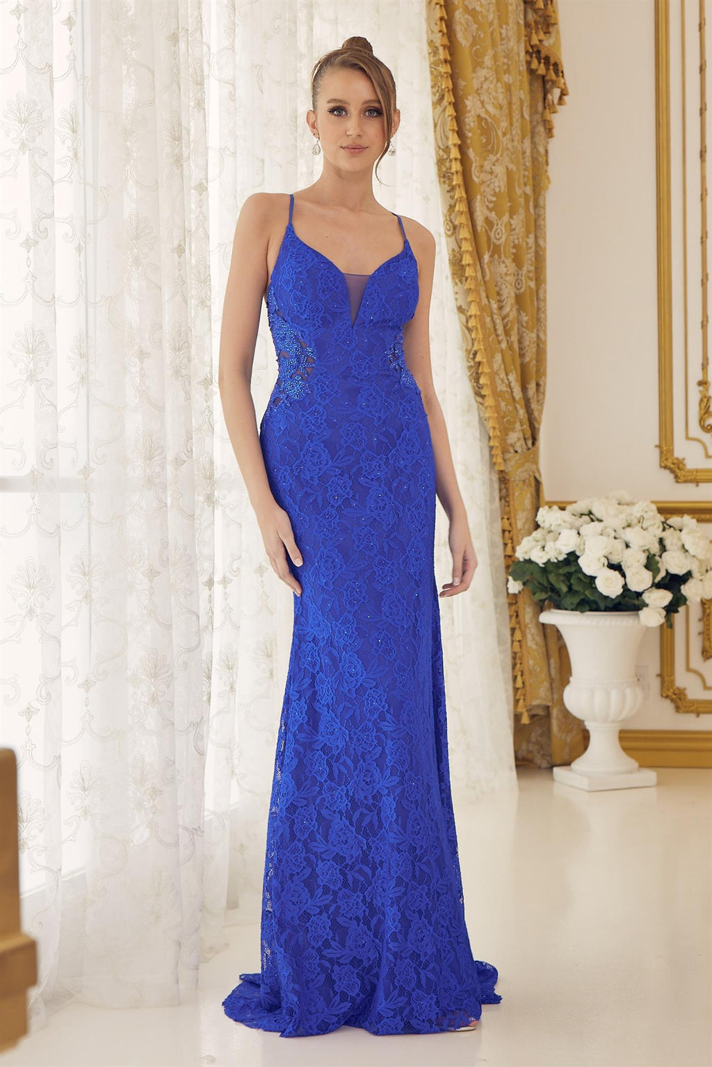 Royal Blue Sequin Lace Fitted Gown with Illusion Mesh Bodice – Elegant Formal Dress NXE1076