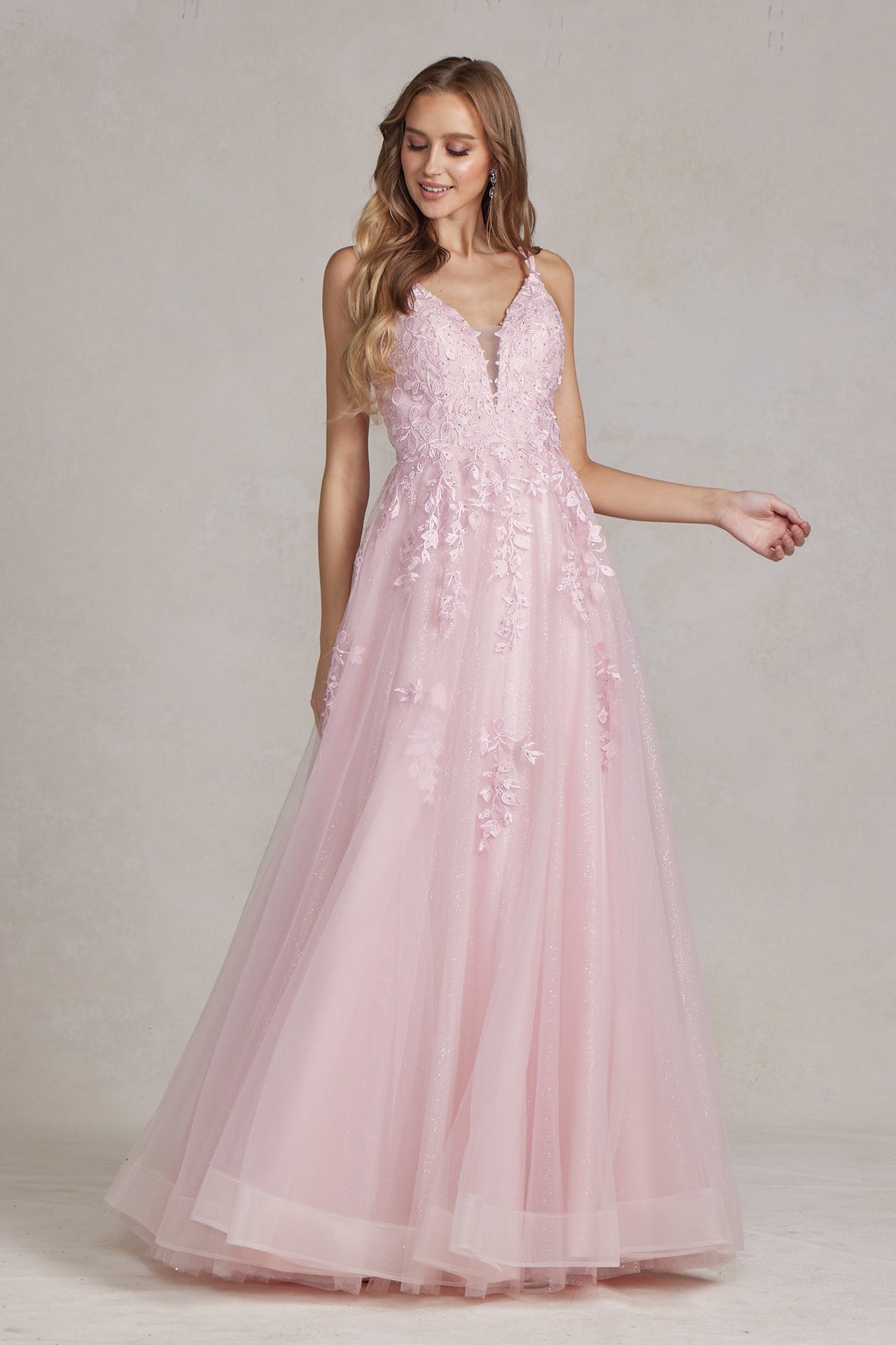 Illusion V-Neck Embroidered Lace Straps Open Back Long Prom Dress NXT1136