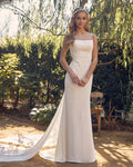 Elegant Pearl-Embellished Square Neck White Bridal Gown with Train NXQW963