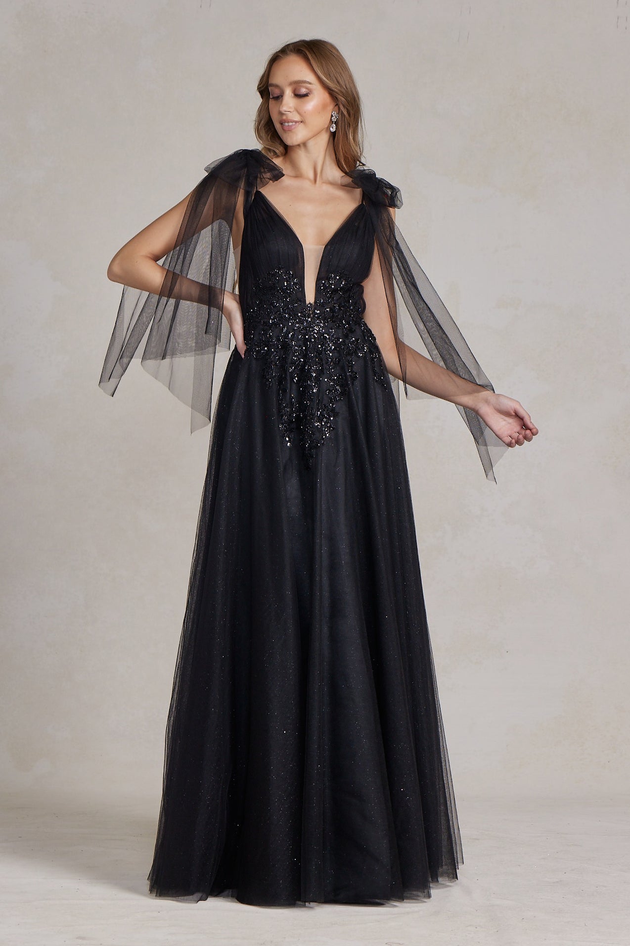 Tulle Skirt Deep Illusion V-Neck Embroidered Lace Long Prom Dress NXE1075