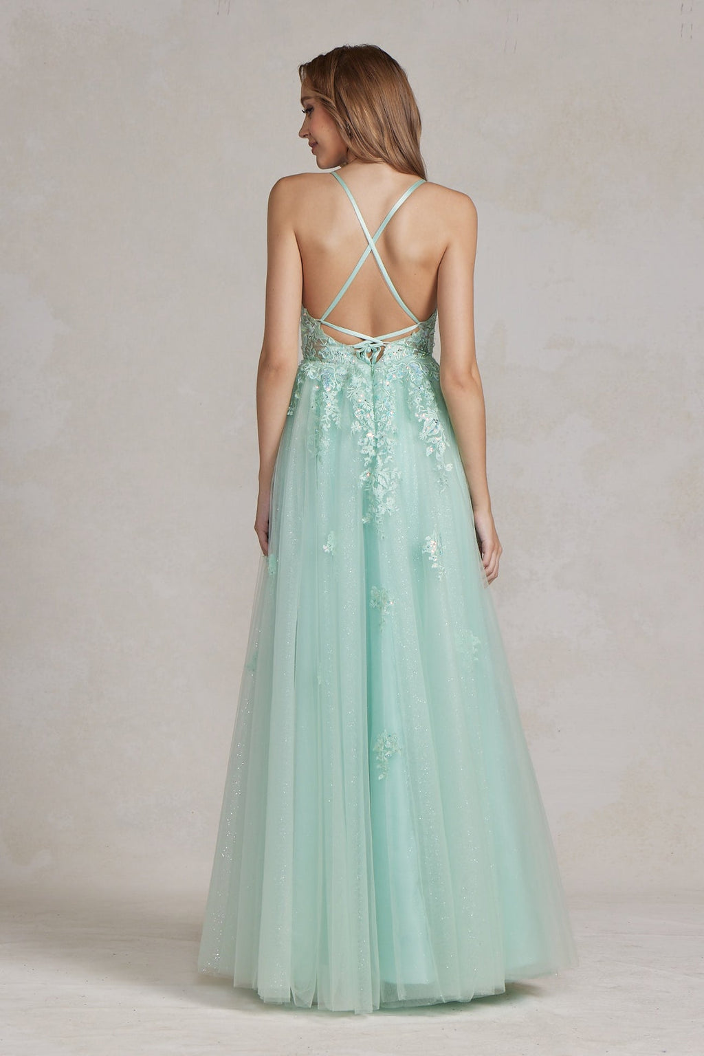 Mint Green Glitter Tulle A-Line Gown with Lace Bodice & Slit – Sparkling Prom or Formal Dress NXT1081