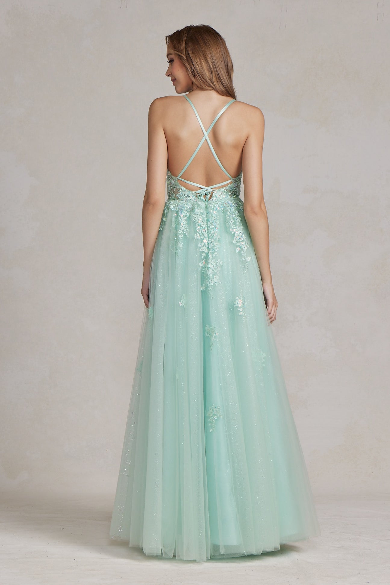 Mint Green Glitter Tulle A-Line Gown with Lace Bodice & Slit – Sparkling Prom or Formal Dress NXT1081