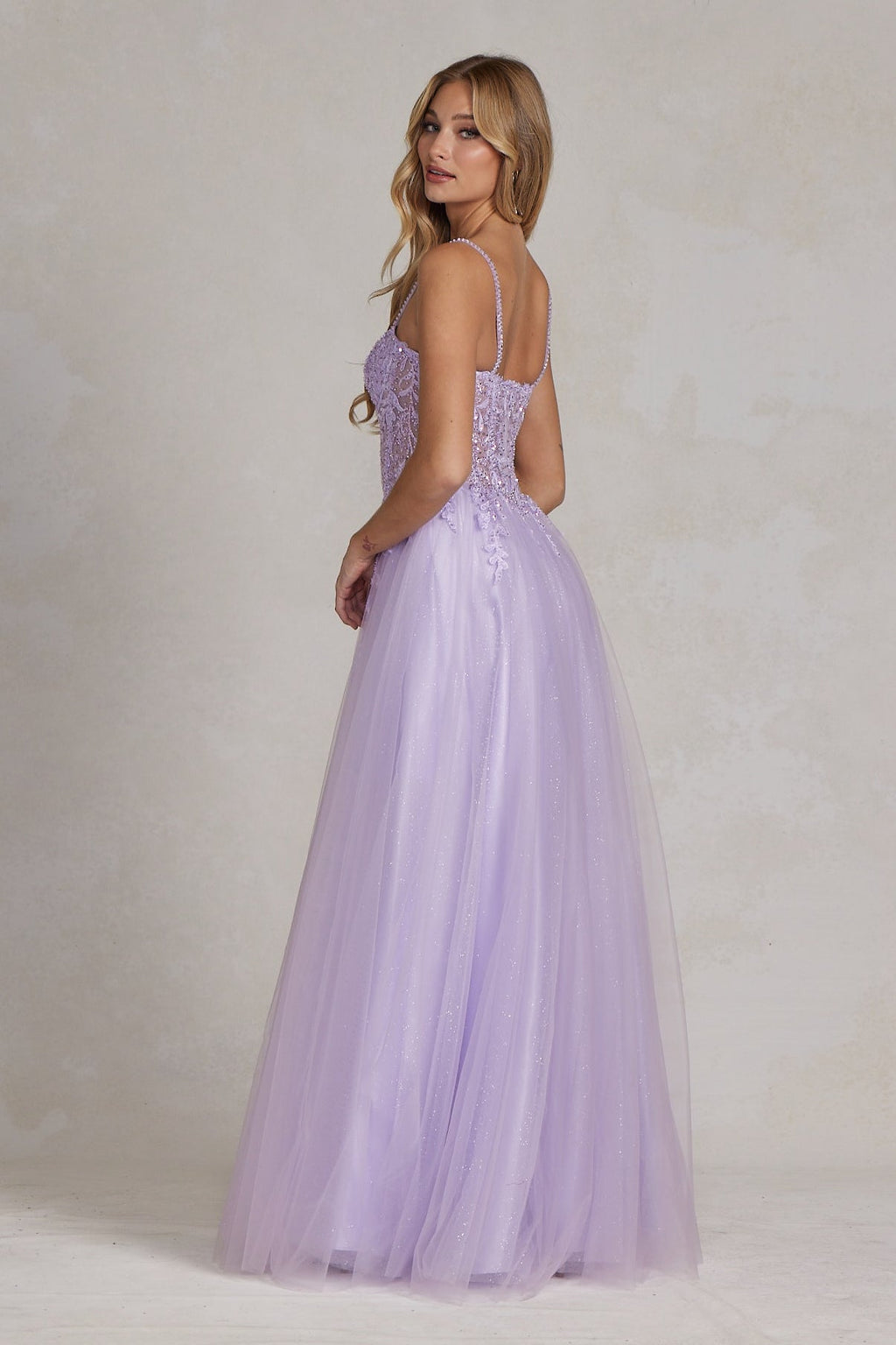 Lavender Glitter Tulle A-Line Gown with Sheer Corset Bodice & Floral Appliqué – Prom or Formal DressNXF1087