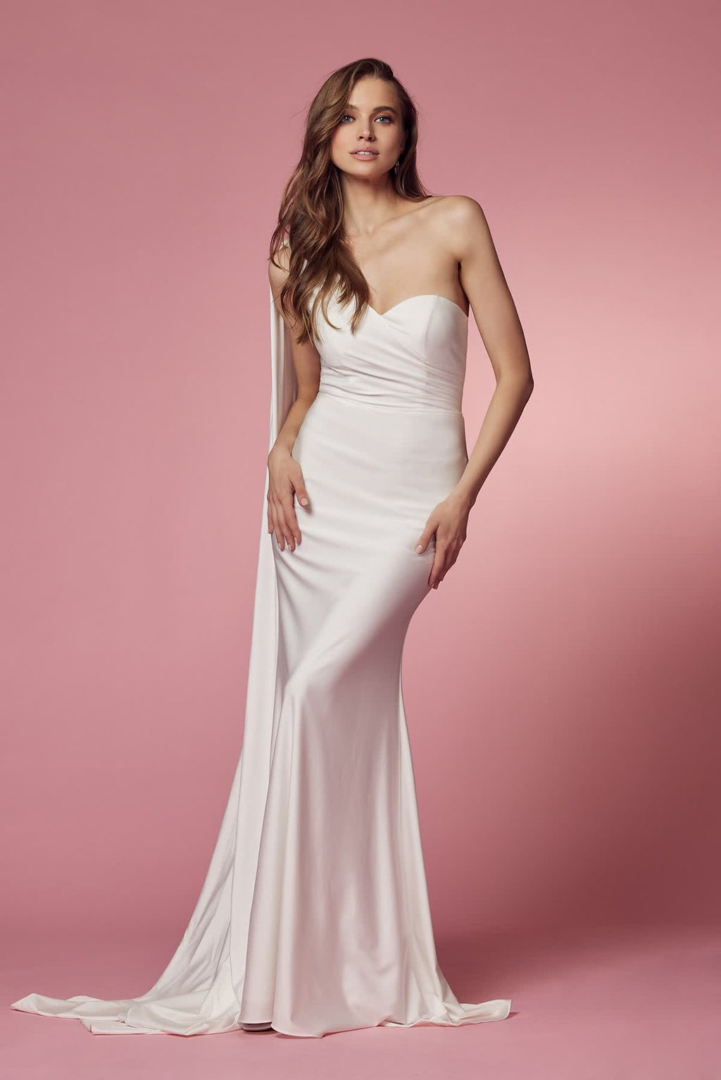 White Strapless Cape Evening Gown – Modern Fitted Formal Dress NXE475W