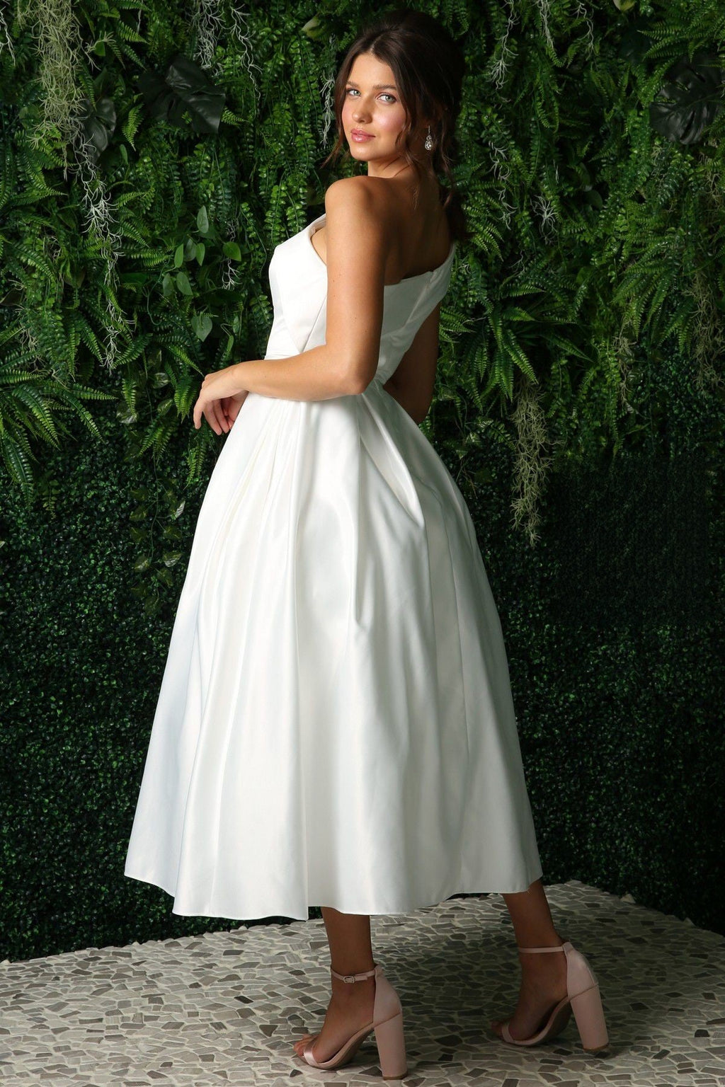 Open Back Strap Satin One Shoulder Midi Wedding Dress NXJE931W