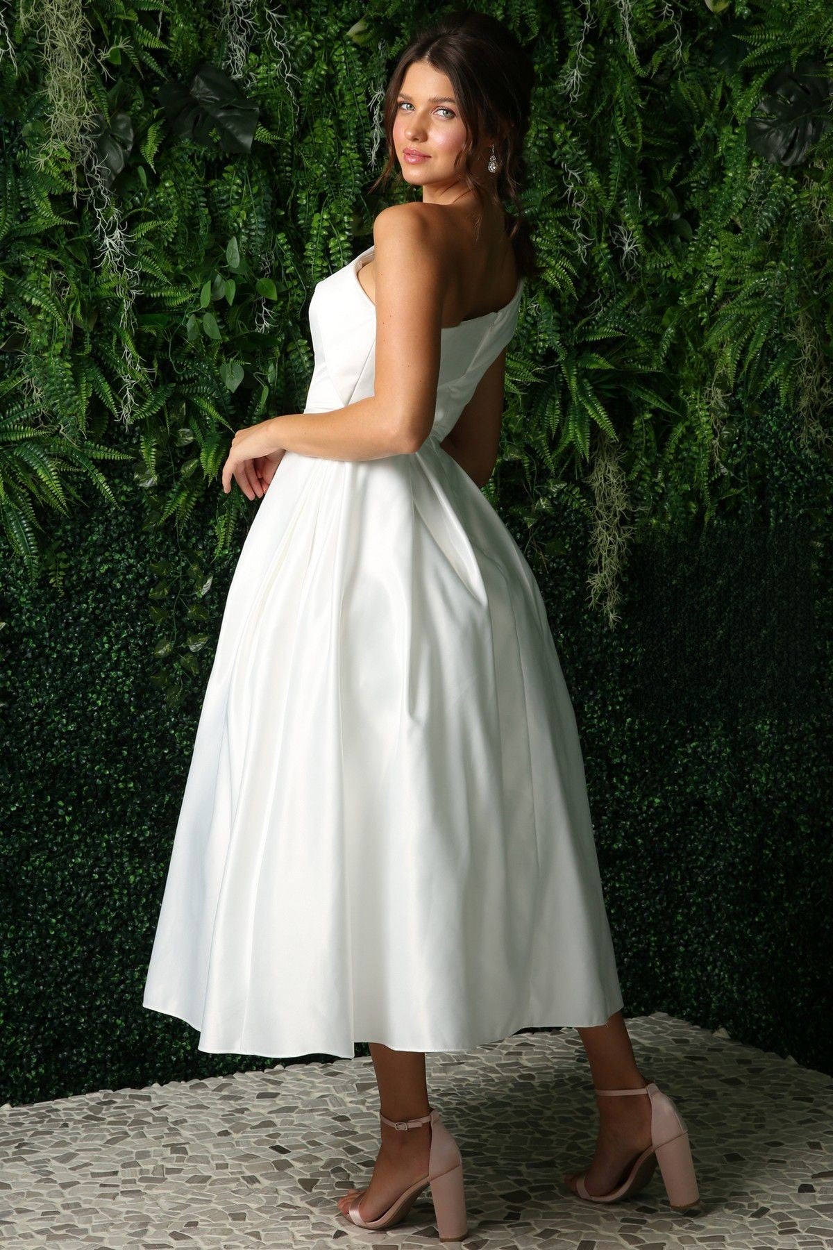 Open Back Strap Satin One Shoulder Midi Wedding Dress NXJE931W