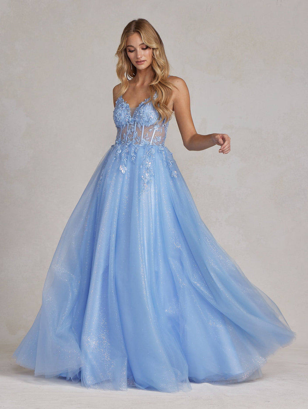 Light Blue Glitter Tulle A-Line Gown with Floral Lace Appliqué – Sheer Corset Prom Dress NXT1083