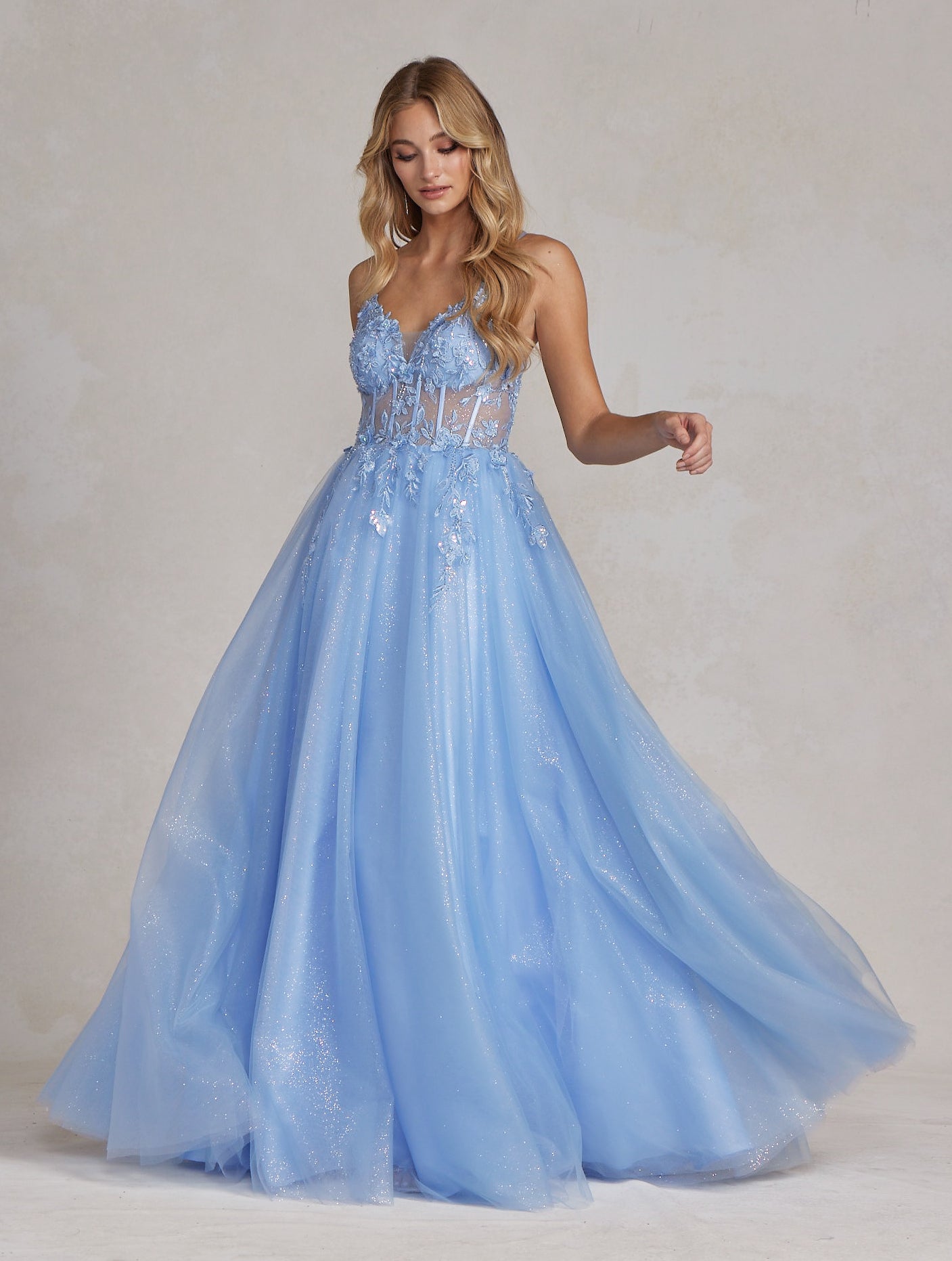 Light Blue Glitter Tulle A-Line Gown with Floral Lace Appliqué – Sheer Corset Prom Dress NXT1083