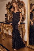 Off Shoulder Sweetheart Open Back Mermaid Feather Embellished Long Prom Dress NXC1106