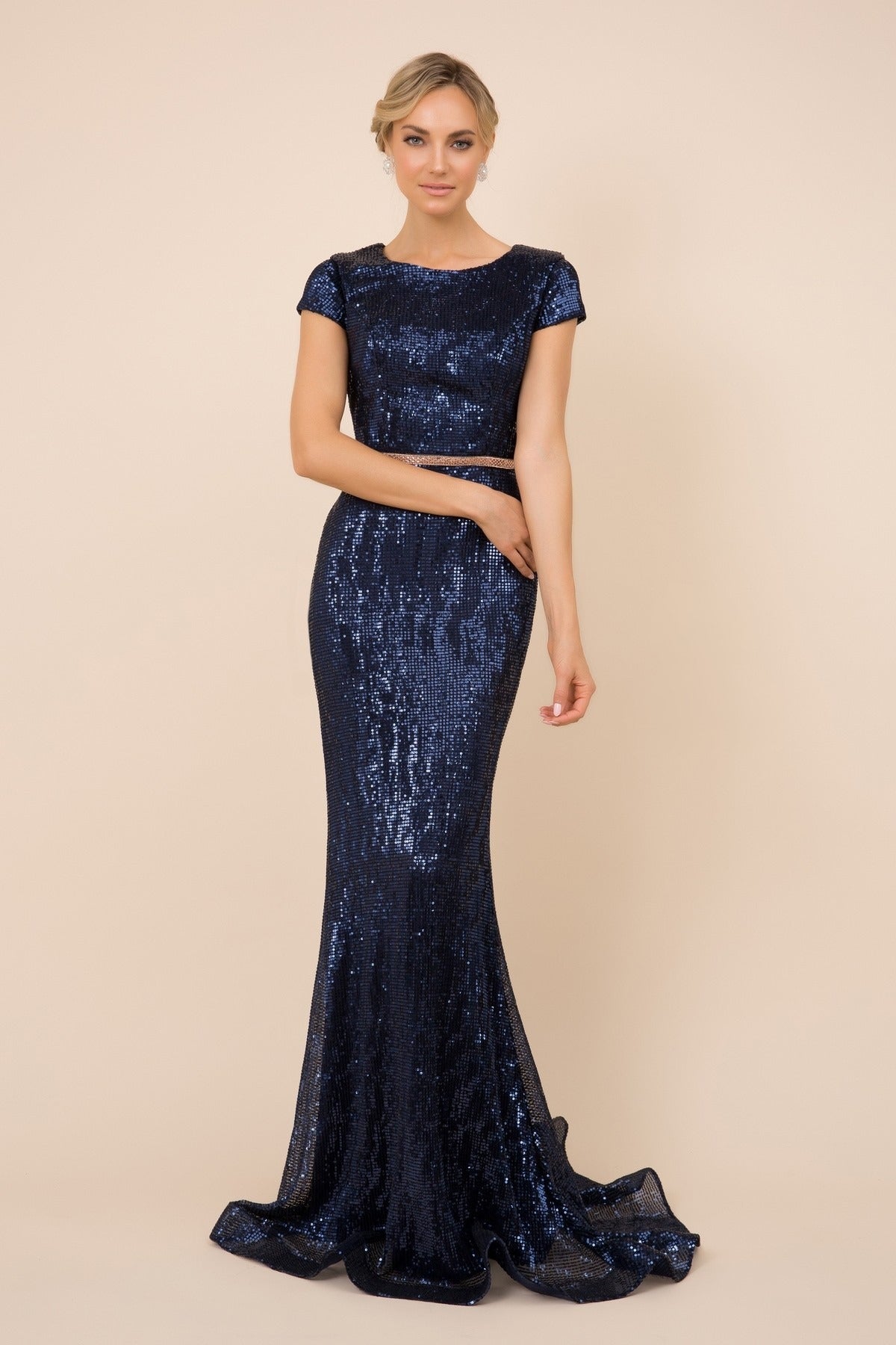 Short Sleeves Mermaid Embellished Sequin Close Back Long Evening Dress