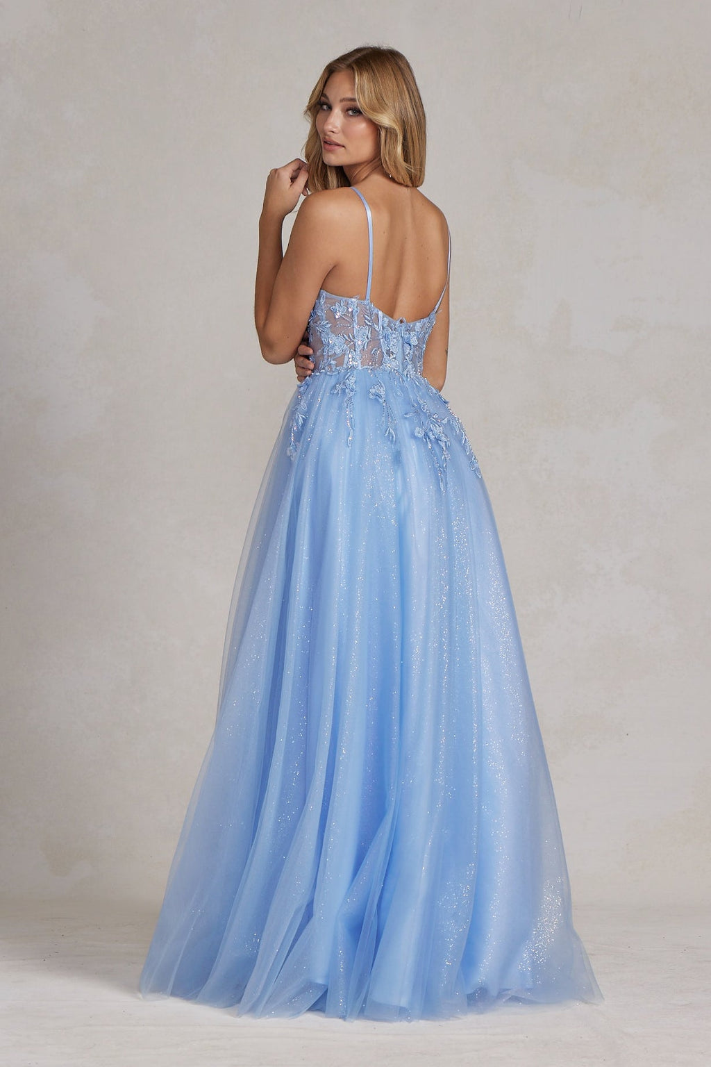 Light Blue Glitter Tulle A-Line Gown with Floral Lace Appliqué – Sheer Corset Prom Dress NXT1083