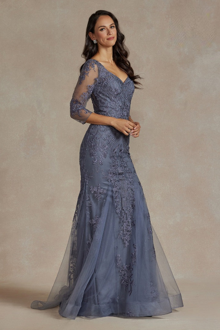 Embroidered Slate Blue Mother of the Bride Gown with Illusion Sleeves NXJQ504