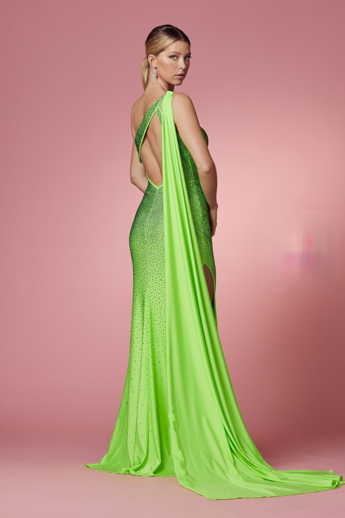 One Shoulder High Slit Embellished Jewel Long Prom & Evening Dress NXE1039