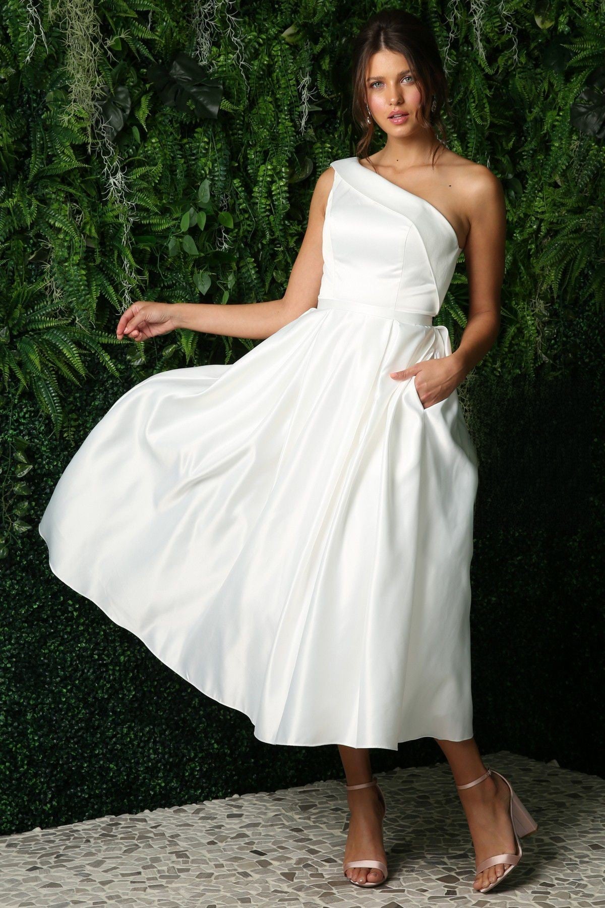 Open Back Strap Satin One Shoulder Midi Wedding Dress NXJE931W