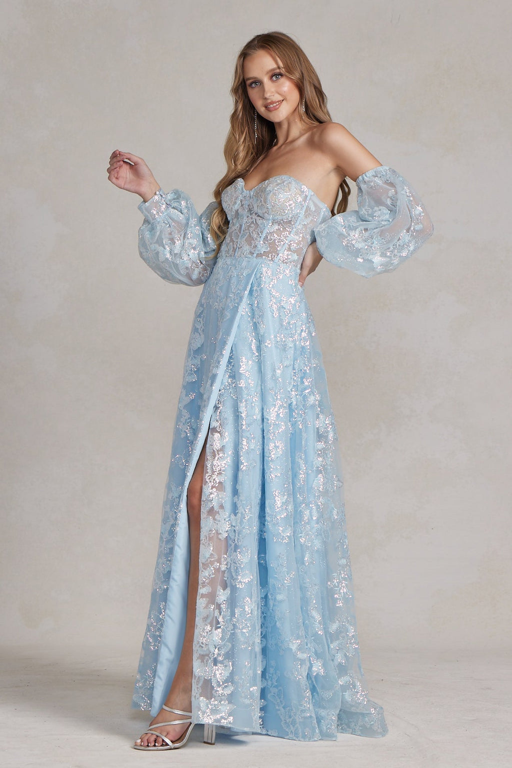 Off Shoulder Sweetheart Sheer Bodice Side Slit Open Back Long Prom Dress NXK1155