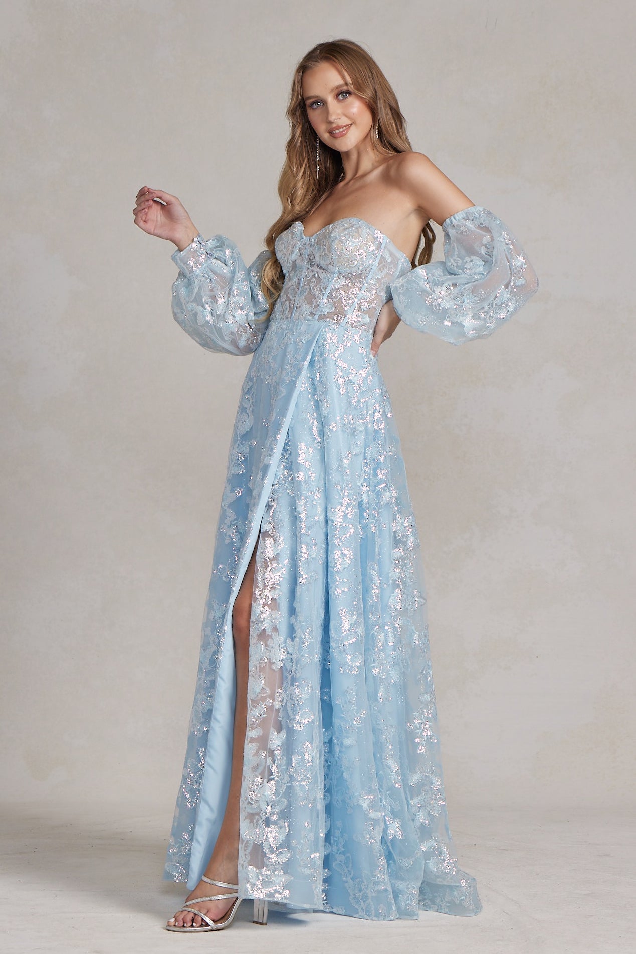 Off Shoulder Sweetheart Sheer Bodice Side Slit Open Back Long Prom Dress NXK1155