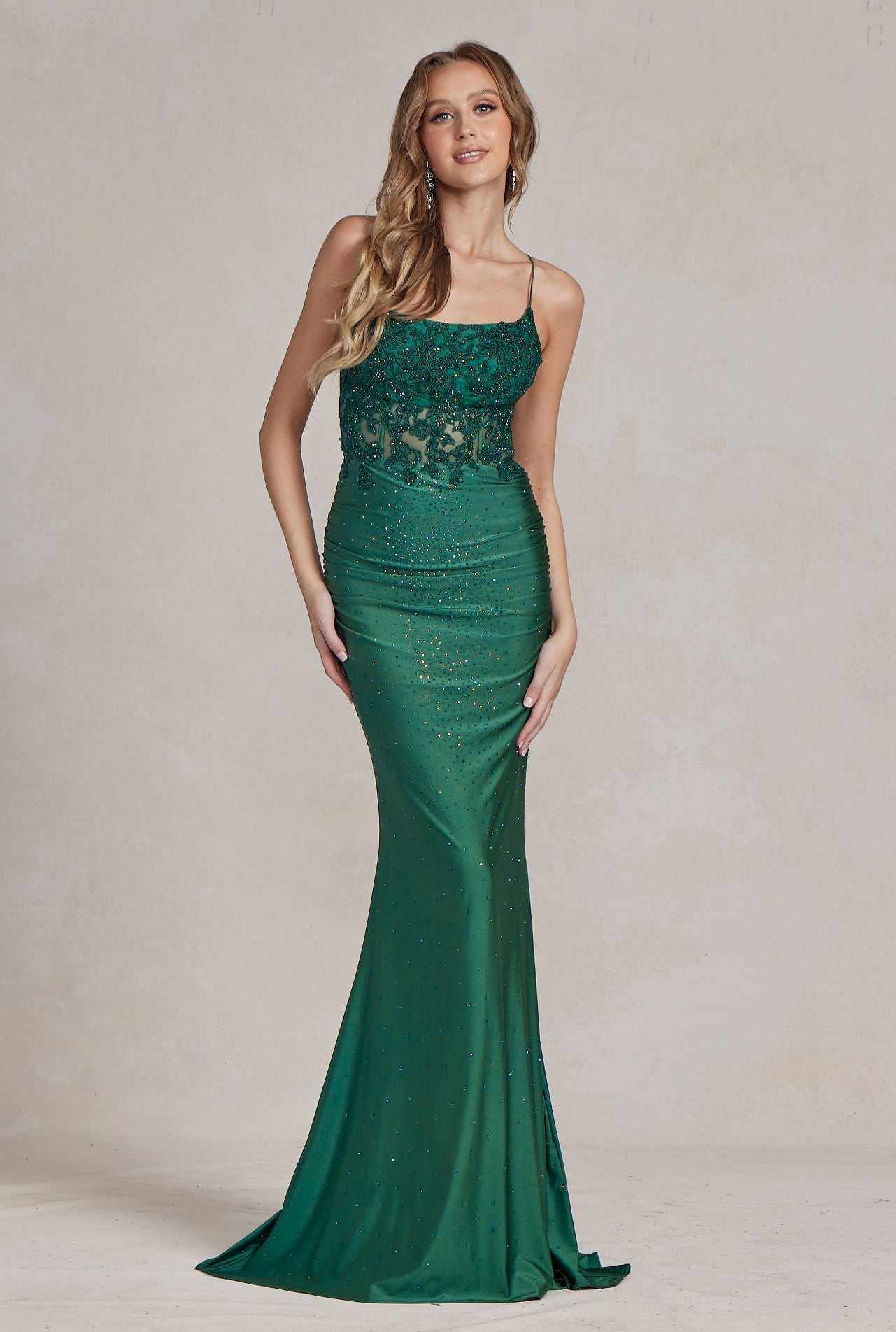 Mermaid Satin Embroidered Lace Square Neck Long Prom Dress NXE1186