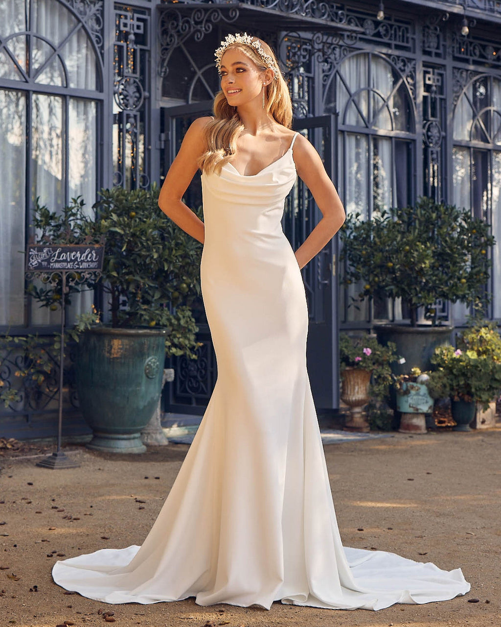 Satin Open Back Mermaid Cowl Neck Long Wedding Dress NXJE954