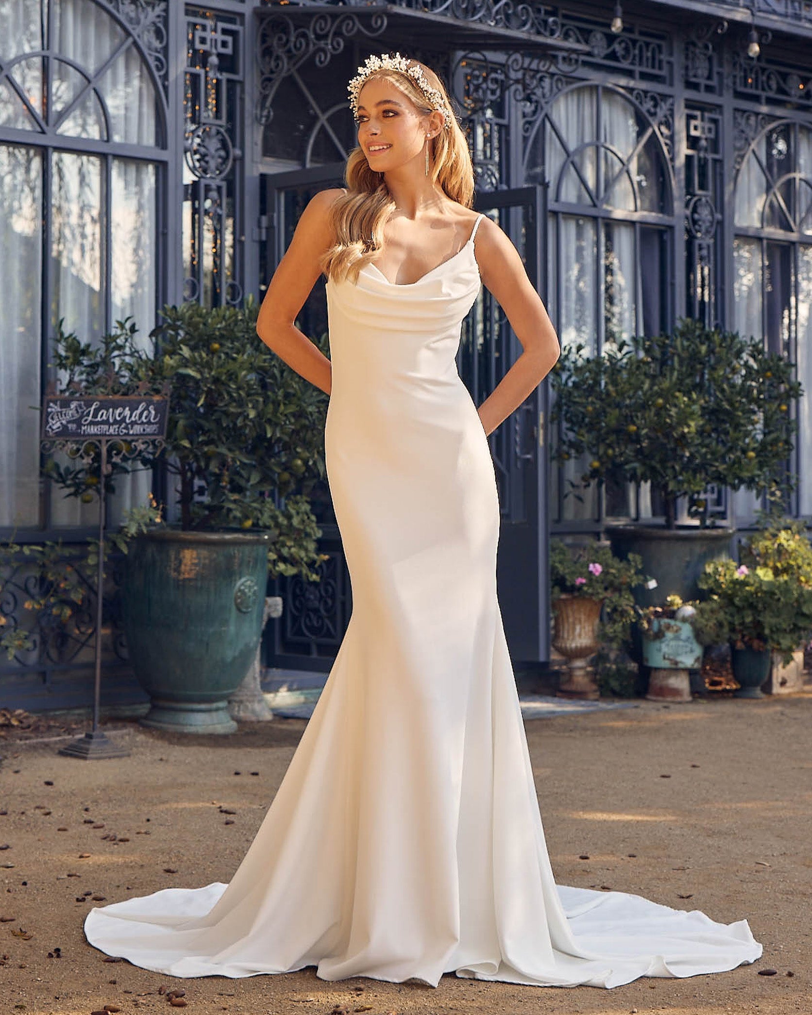 Satin Open Back Mermaid Cowl Neck Long Wedding Dress NXJE954