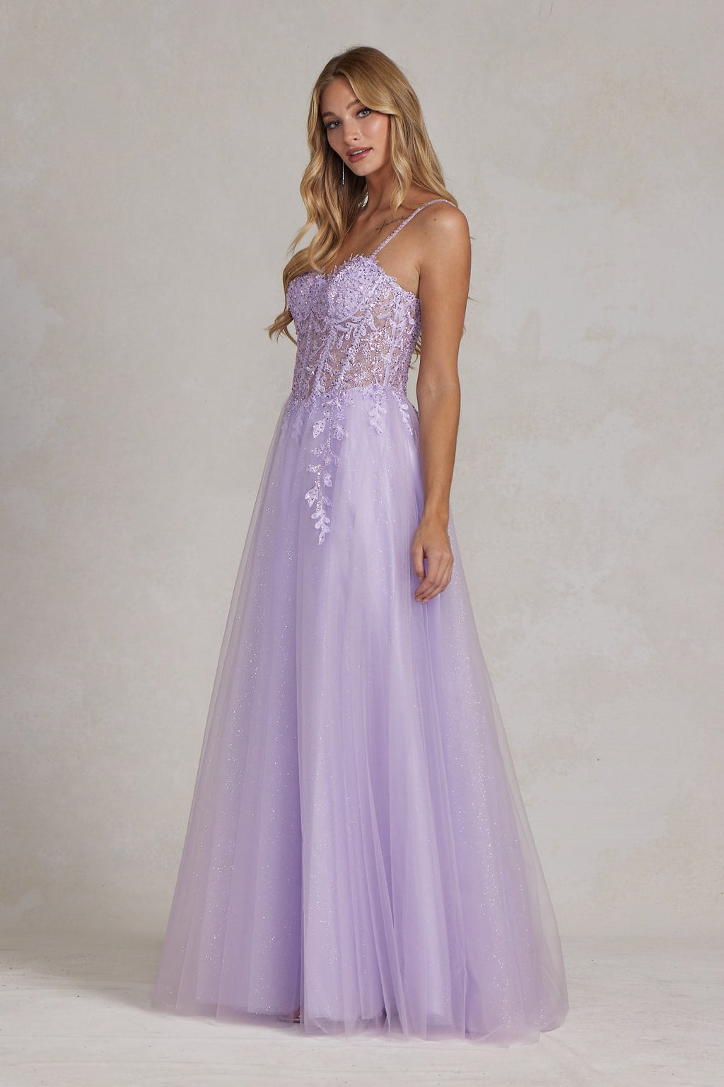 Lavender Glitter Tulle A-Line Gown with Sheer Corset Bodice & Floral Appliqué – Prom or Formal DressNXF1087