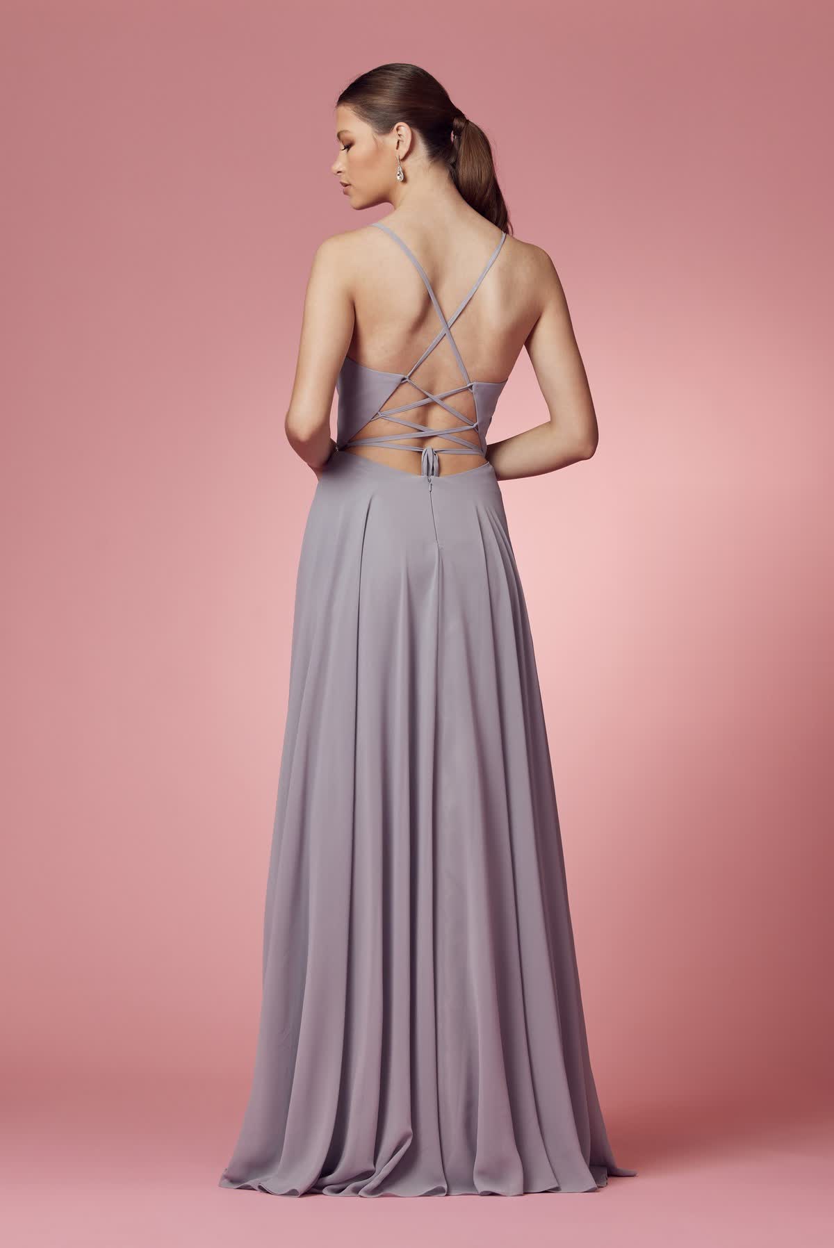 Dusty Rose A-Line Chiffon Formal Dress with Plunging Neckline  NXR416