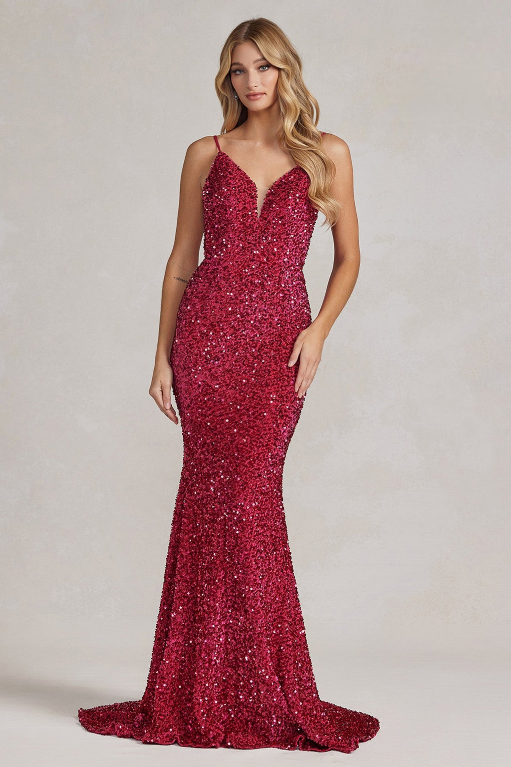 Mermaid Embroidered Sequins Sleeveless Open V-Back Long Evening Dress NXR1071