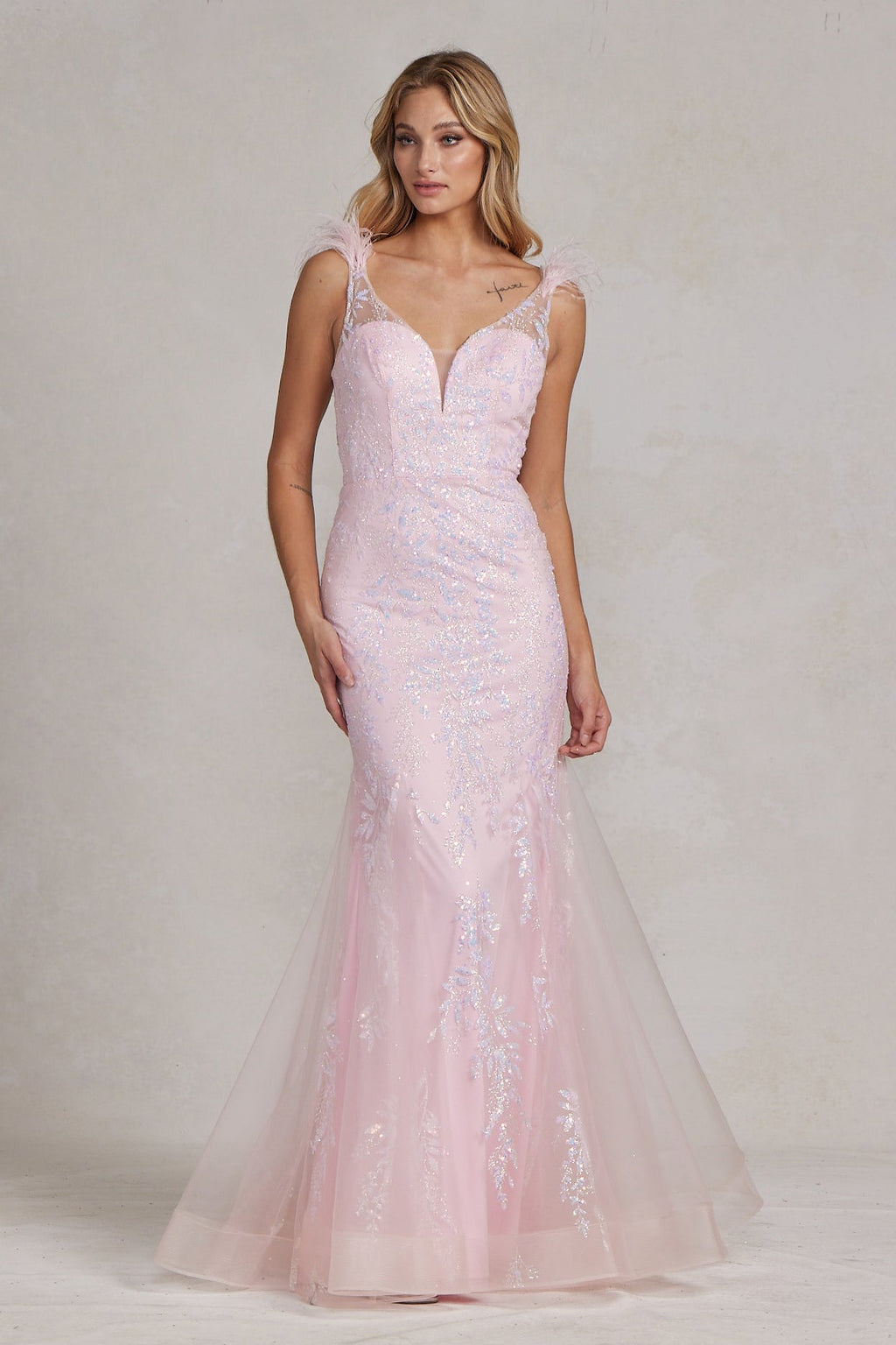 Illusion Sweetheart Straps Mermaid Feather Embellished Long Prom Dress NXT1208