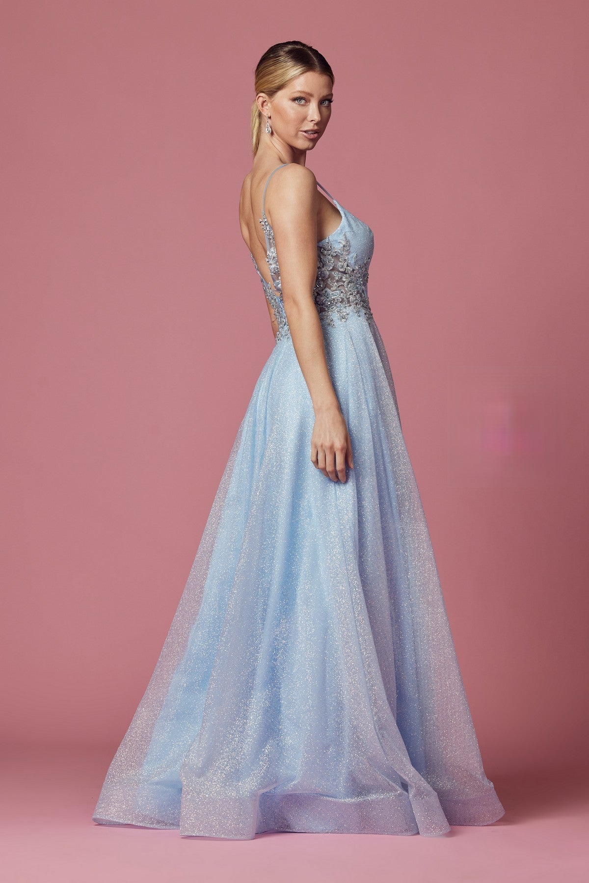 Embellished Glitter Illusion V-Neck Long Prom Dress NXT1033