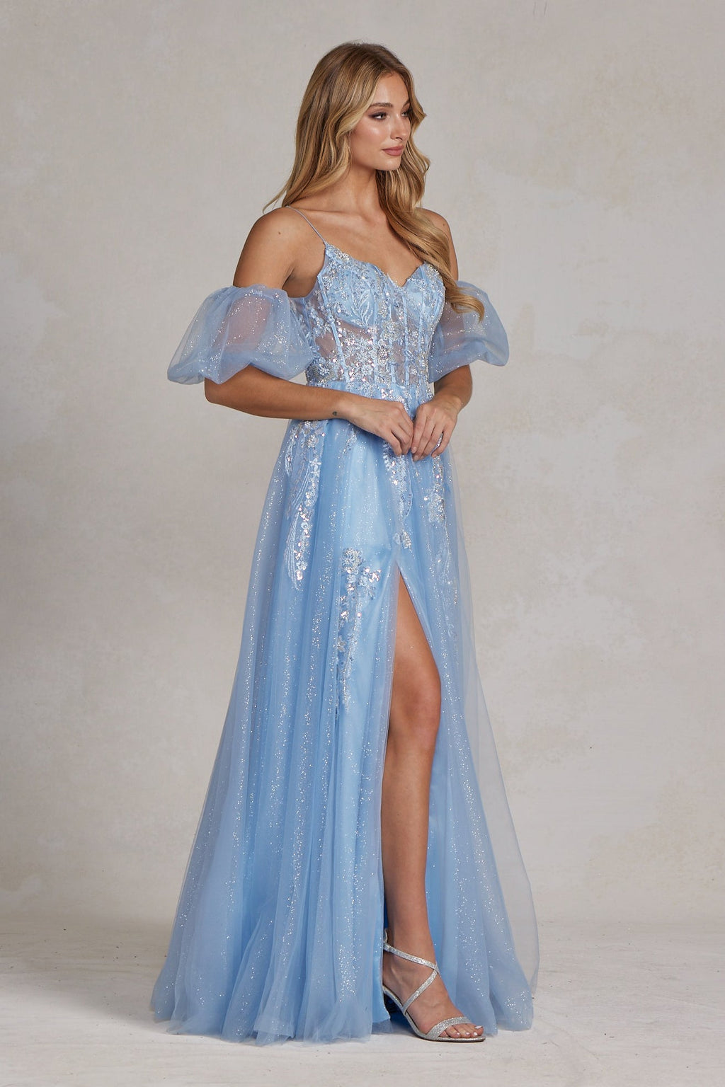 Ice Blue Glitter Tulle Gown with Puff Sleeves & High Slit – Off-Shoulder Prom & Formal Dress NXE1173